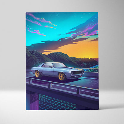 Chevrolet Camaro Inspired Blue Yellow Canvas Wall Art Vaporwave Muscle Car Artwork Neon Mountain Garage Decor Retro Futuristic Road Print