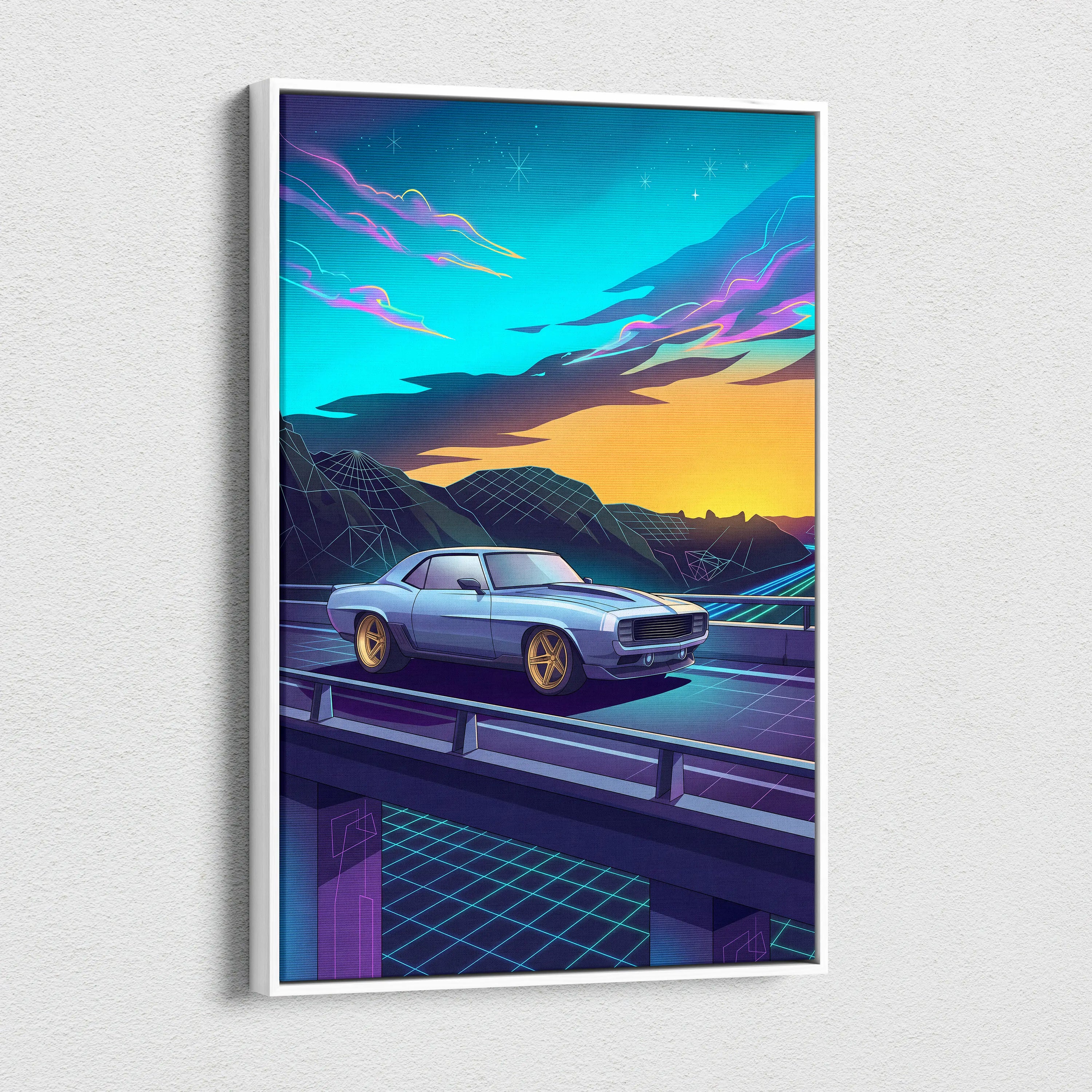 Chevrolet Camaro Inspired Blue Yellow Canvas Wall Art Vaporwave Muscle Car Artwork Neon Mountain Garage Decor Retro Futuristic Road Print
