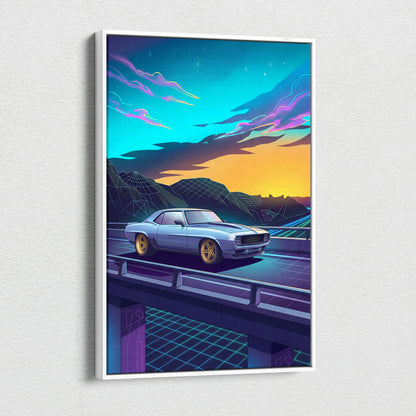 Chevrolet Camaro Inspired Blue Yellow Canvas Wall Art Vaporwave Muscle Car Artwork Neon Mountain Garage Decor Retro Futuristic Road Print