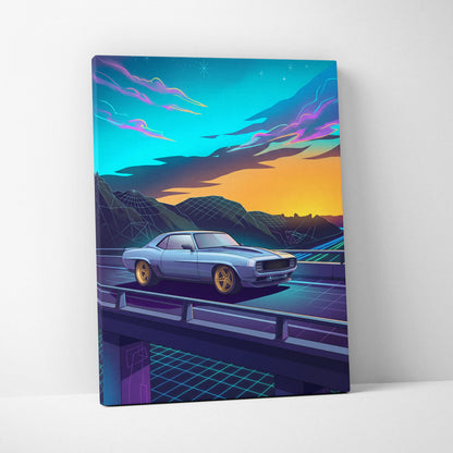 Chevrolet Camaro Inspired Blue Yellow Canvas Wall Art Vaporwave Muscle Car Artwork Neon Mountain Garage Decor Retro Futuristic Road Print