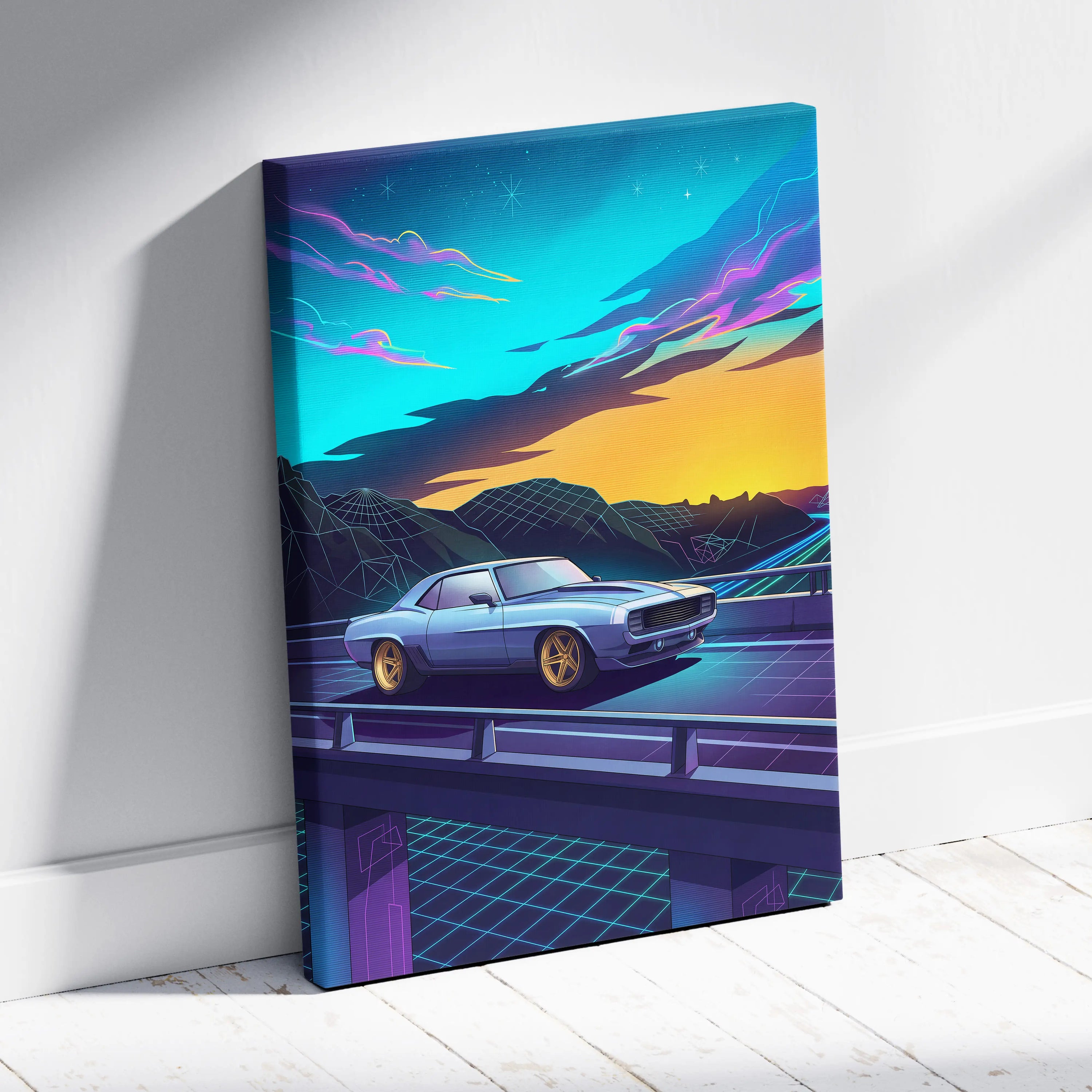 Chevrolet Camaro Inspired Blue Yellow Canvas Wall Art Vaporwave Muscle Car Artwork Neon Mountain Garage Decor Retro Futuristic Road Print
