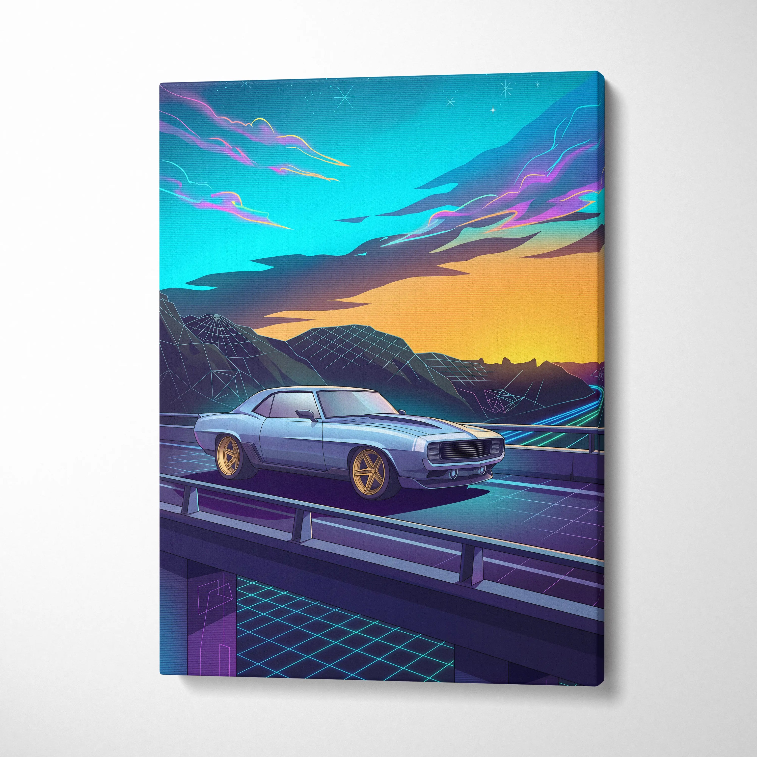 Chevrolet Camaro Inspired Blue Yellow Canvas Wall Art Vaporwave Muscle Car Artwork Neon Mountain Garage Decor Retro Futuristic Road Print