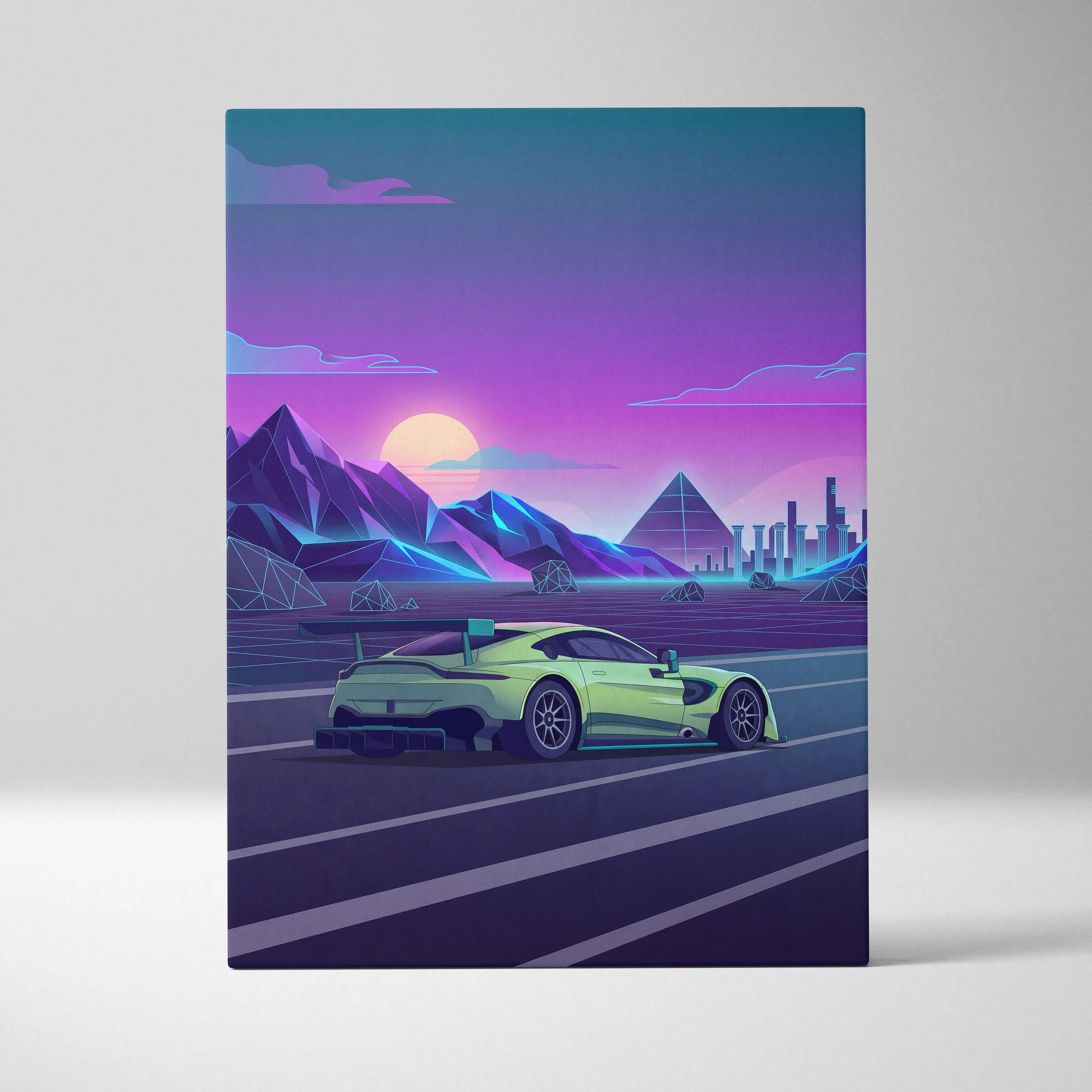Aston Martin Vantage GT3 Inspired Green Purple Canvas Wall Art Vaporwave Race Car Artwork Neon Motorsport Garage Decor Futuristic City Track Print