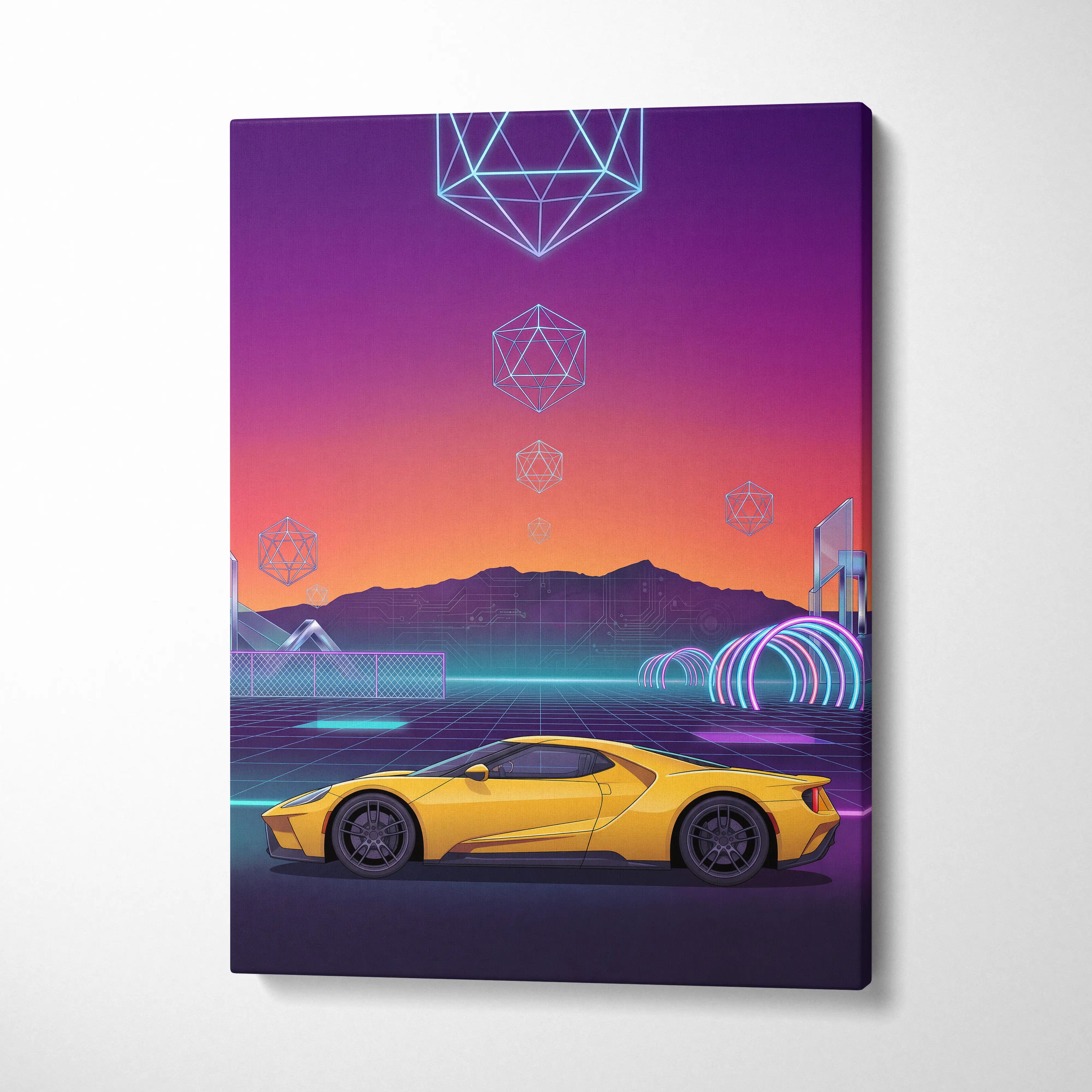Ford GT Inspired Canvas Wall Art - Vaporwave American Le Mans Supercar Decor with Retro Racing Energy