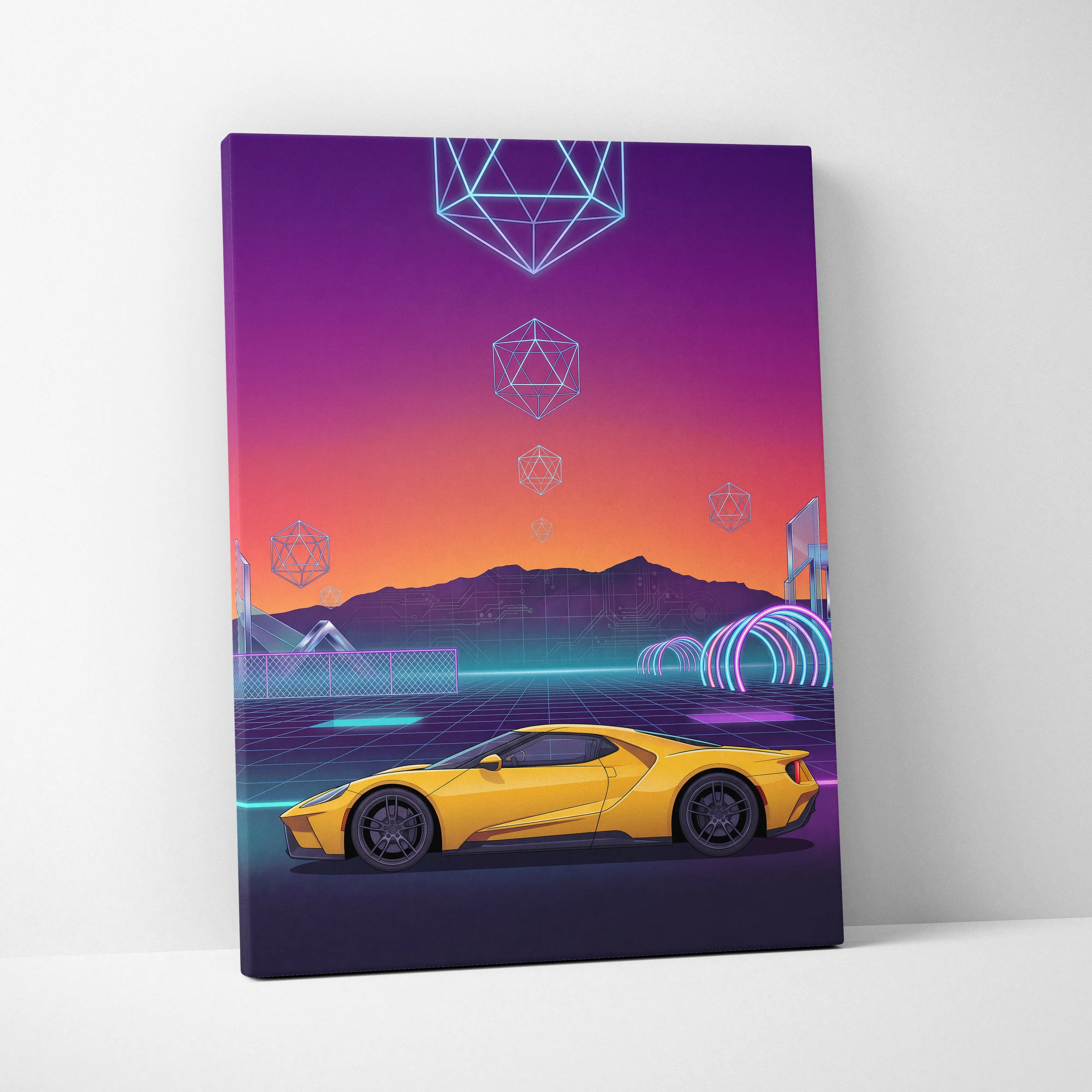 Ford GT Inspired Canvas Wall Art - Vaporwave American Le Mans Supercar Decor with Retro Racing Energy
