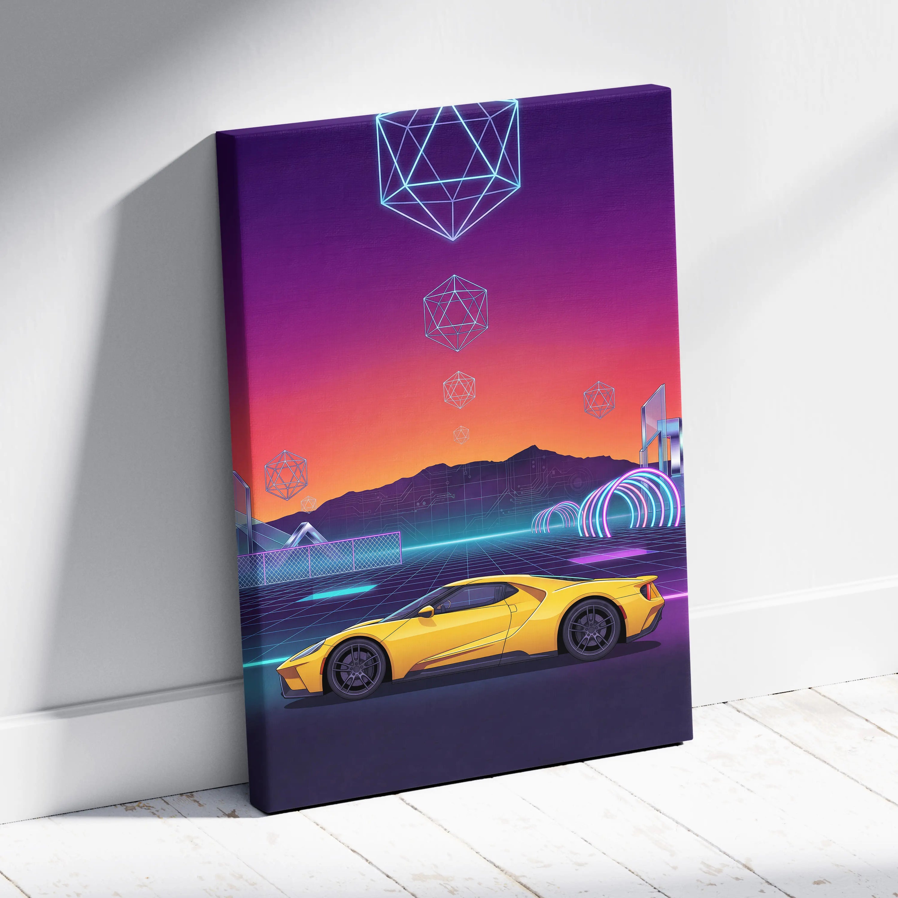 Ford GT Inspired Canvas Wall Art - Vaporwave American Le Mans Supercar Decor with Retro Racing Energy