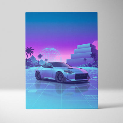 Nissan Z Inspired White Blue Canvas Wall Art Vaporwave Neon Grid JDM Car Artwork, Dreamy Palm Sunset Sports Car Garage Decor