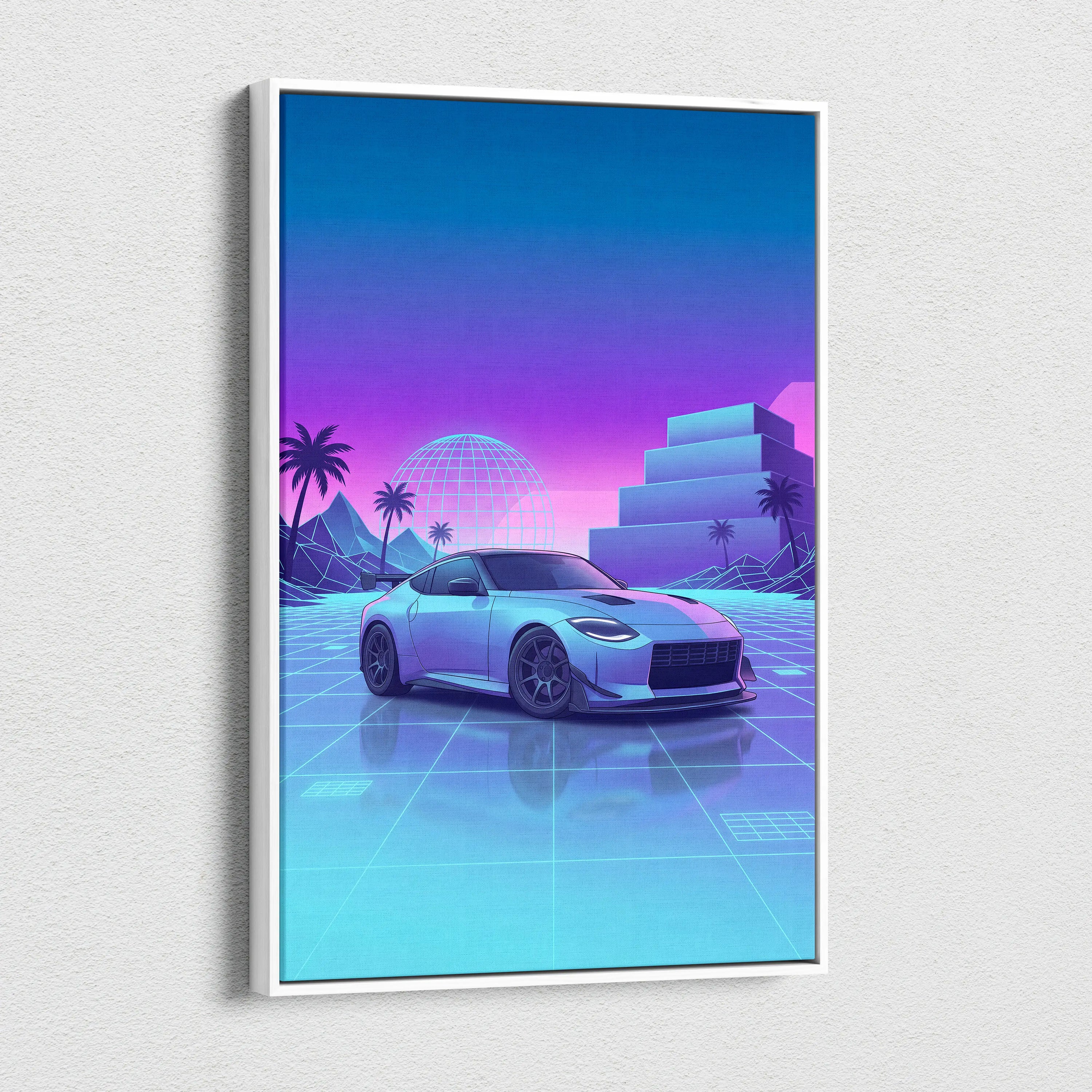 Nissan Z Inspired White Blue Canvas Wall Art Vaporwave Neon Grid JDM Car Artwork, Dreamy Palm Sunset Sports Car Garage Decor