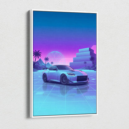 Nissan Z Inspired White Blue Canvas Wall Art Vaporwave Neon Grid JDM Car Artwork, Dreamy Palm Sunset Sports Car Garage Decor