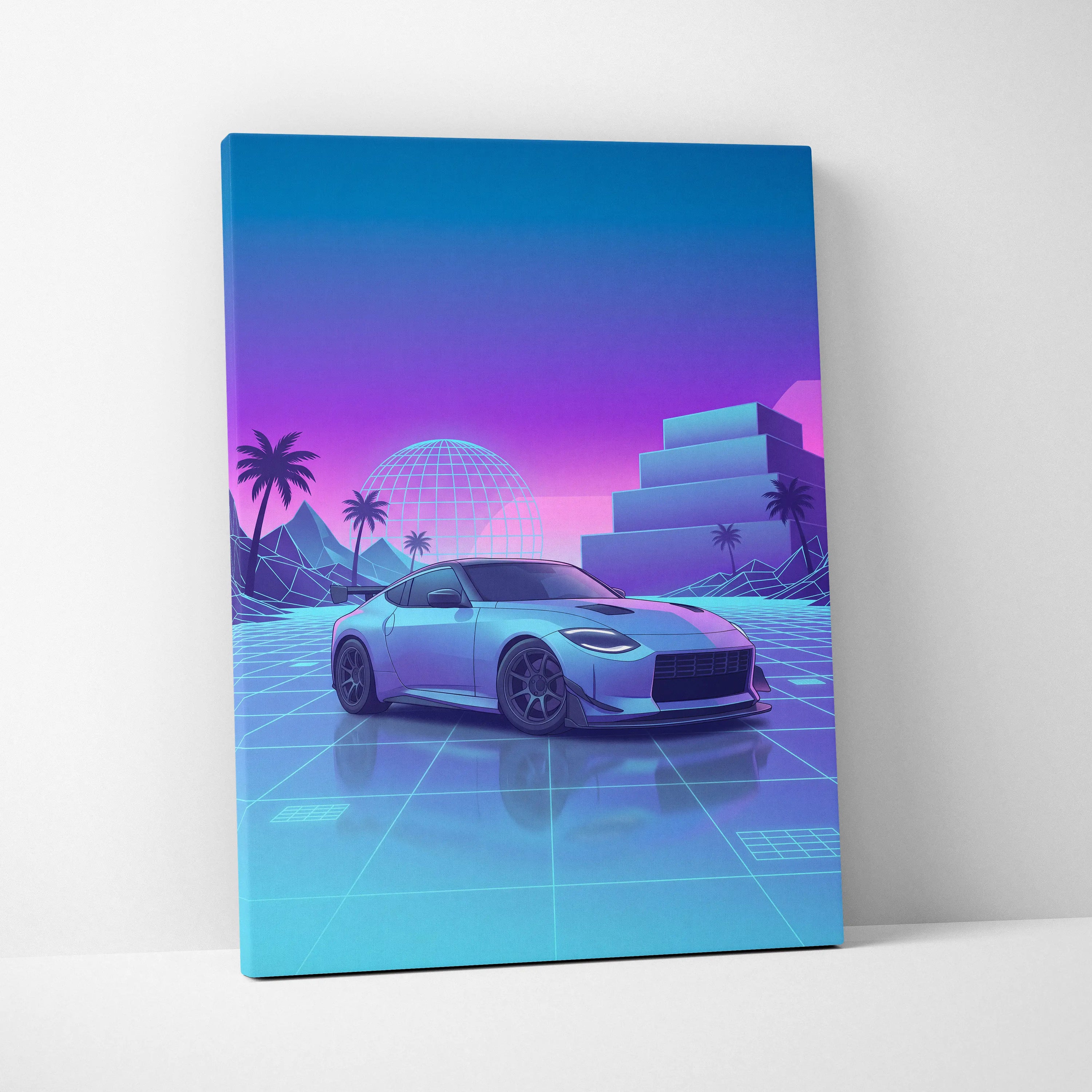Nissan Z Inspired White Blue Canvas Wall Art Vaporwave Neon Grid JDM Car Artwork, Dreamy Palm Sunset Sports Car Garage Decor