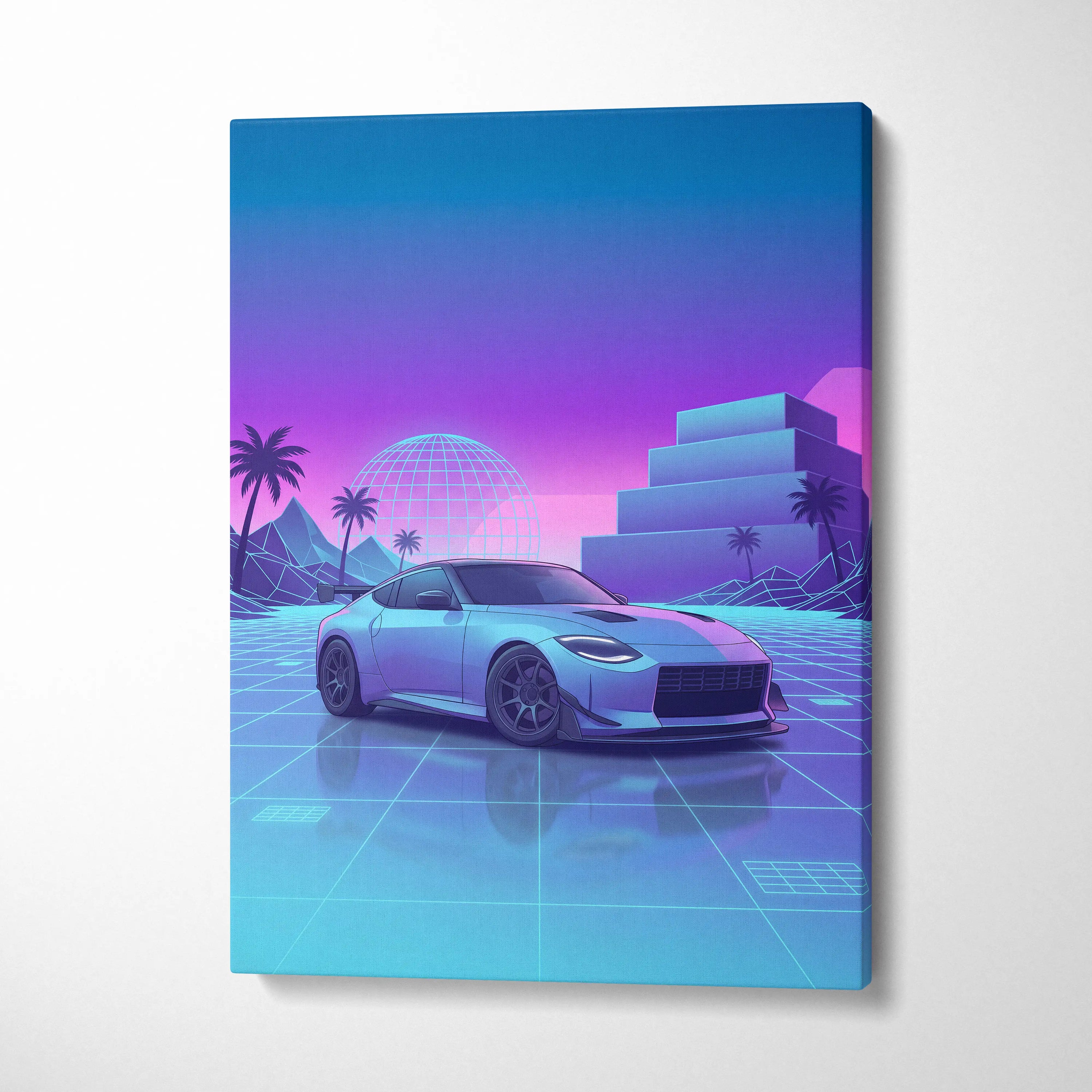 Nissan Z Inspired White Blue Canvas Wall Art Vaporwave Neon Grid JDM Car Artwork, Dreamy Palm Sunset Sports Car Garage Decor