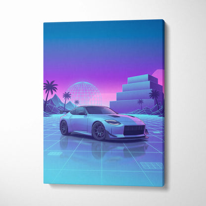 Nissan Z Inspired White Blue Canvas Wall Art Vaporwave Neon Grid JDM Car Artwork, Dreamy Palm Sunset Sports Car Garage Decor