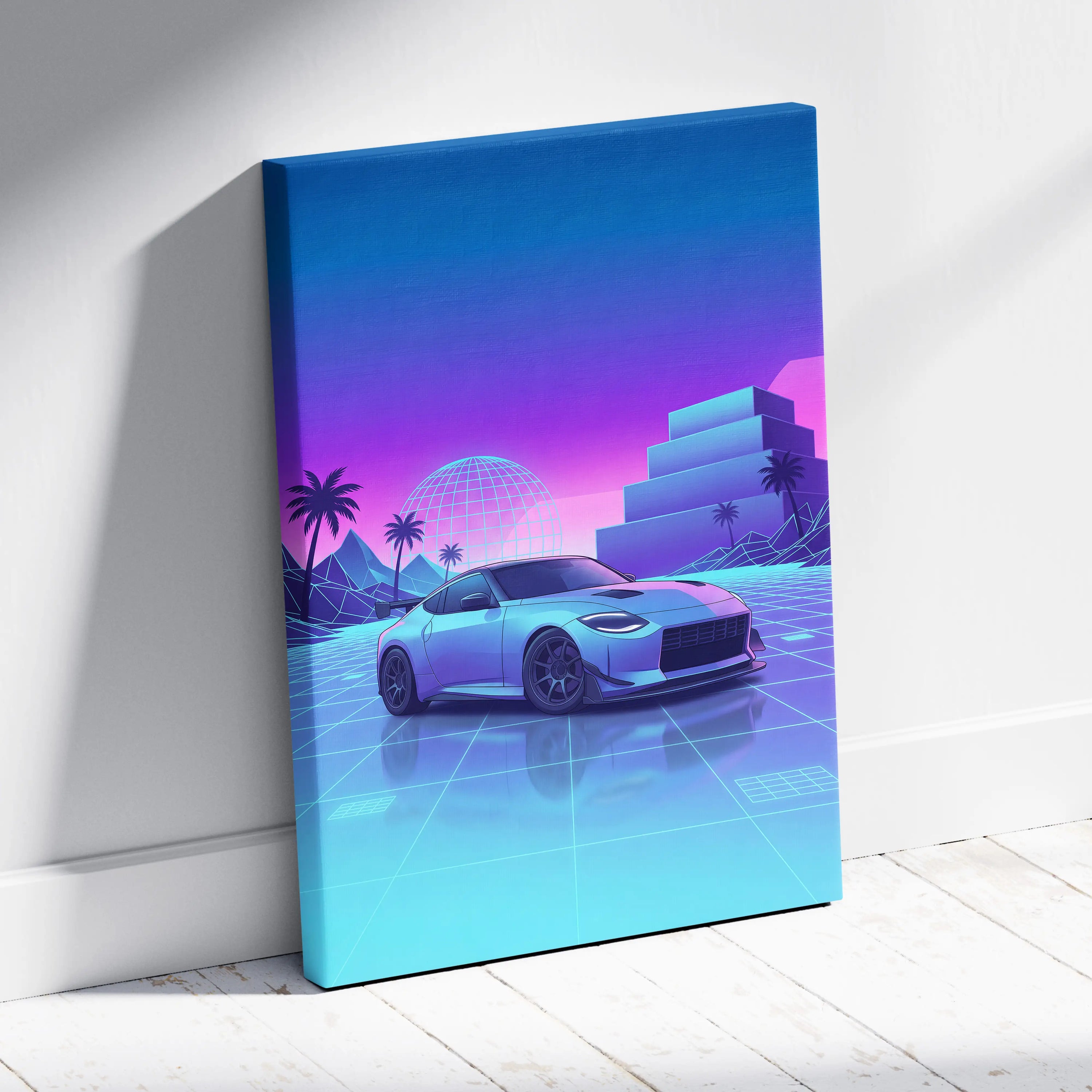 Nissan Z Inspired White Blue Canvas Wall Art Vaporwave Neon Grid JDM Car Artwork, Dreamy Palm Sunset Sports Car Garage Decor