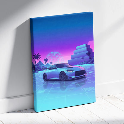 Nissan Z Inspired White Blue Canvas Wall Art Vaporwave Neon Grid JDM Car Artwork, Dreamy Palm Sunset Sports Car Garage Decor