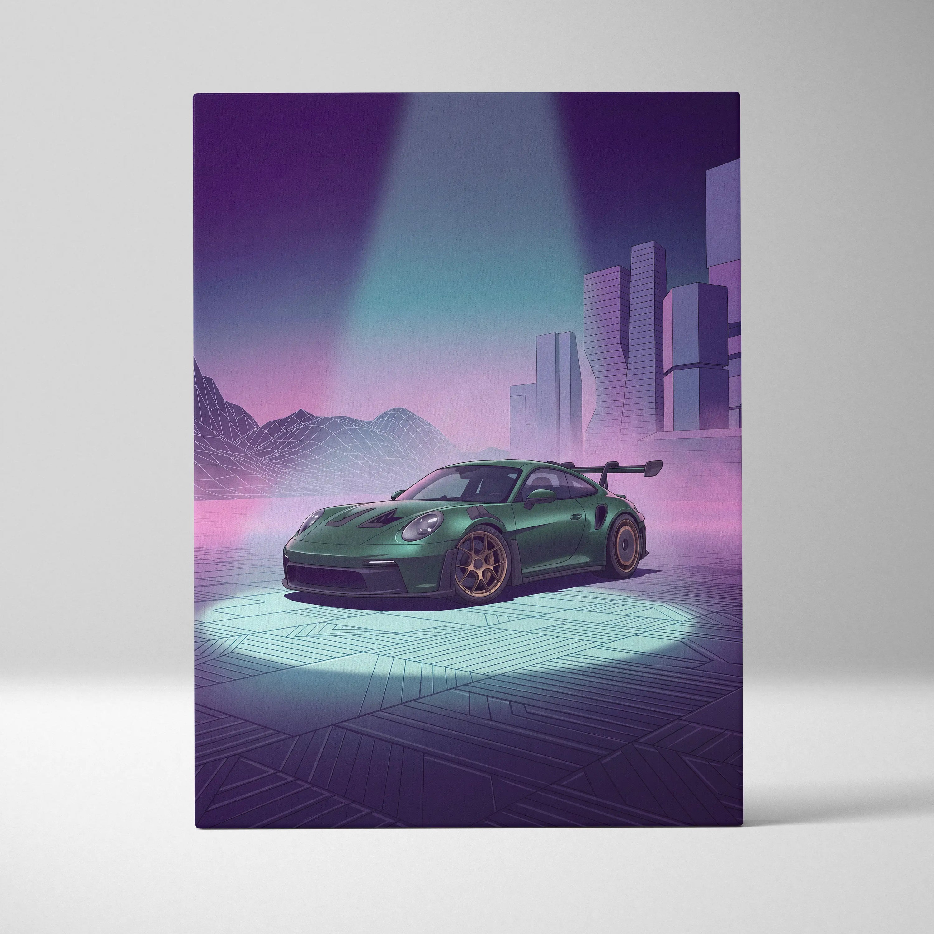 Porsche 911 GT3 RS Inspired Green Purple Canvas Wall Art Vaporwave City Car Artwork, Neon Cyberpunk Mood Garage Decor