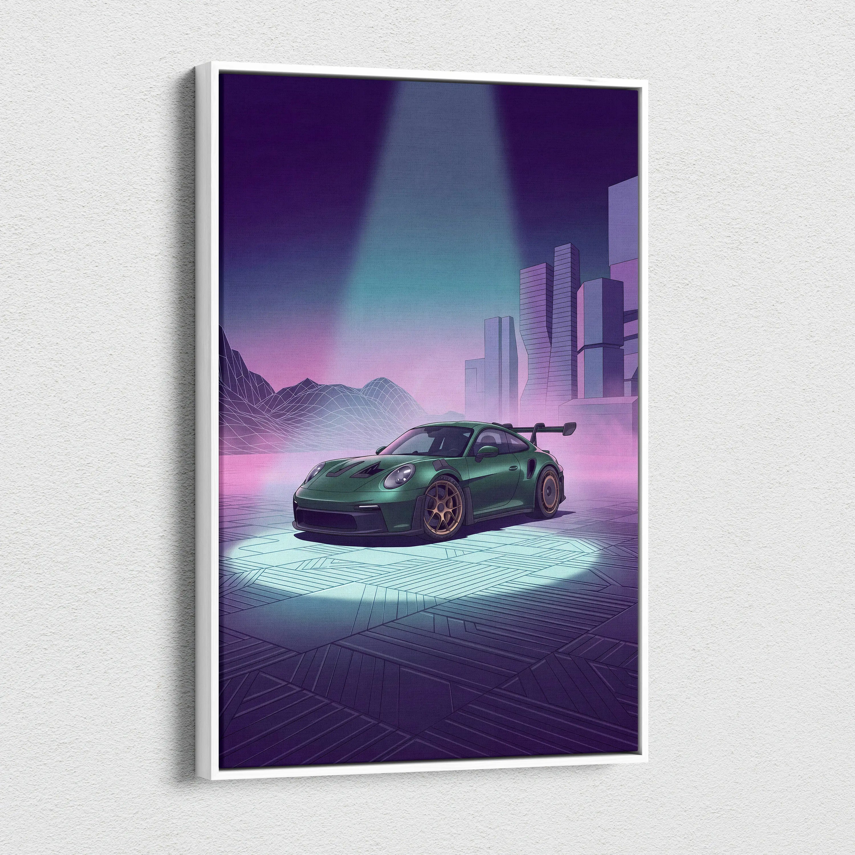 Porsche 911 GT3 RS Inspired Green Purple Canvas Wall Art Vaporwave City Car Artwork, Neon Cyberpunk Mood Garage Decor