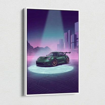 Porsche 911 GT3 RS Inspired Green Purple Canvas Wall Art Vaporwave City Car Artwork, Neon Cyberpunk Mood Garage Decor