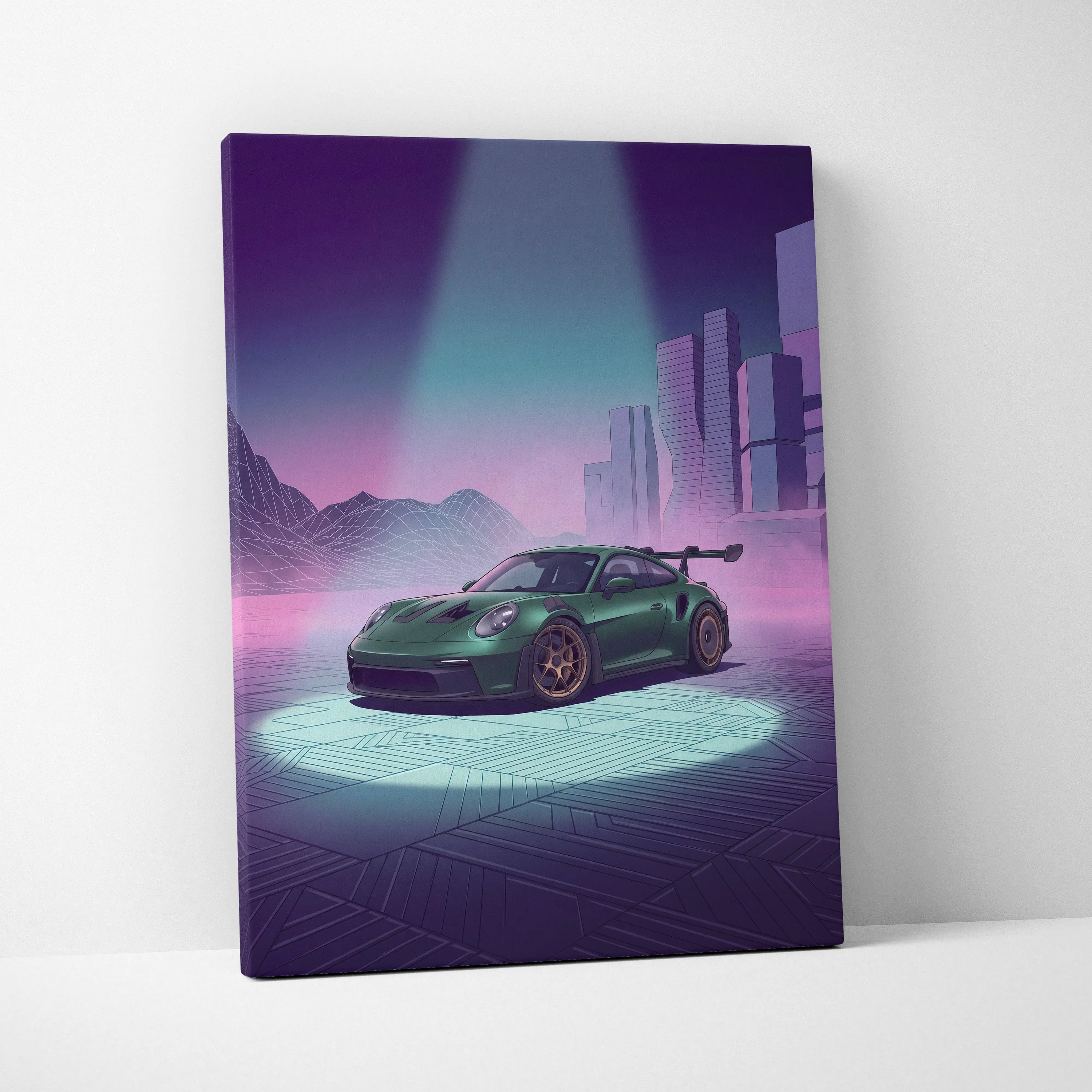 Porsche 911 GT3 RS Inspired Green Purple Canvas Wall Art Vaporwave City Car Artwork, Neon Cyberpunk Mood Garage Decor