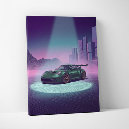 Porsche 911 GT3 RS Inspired Green Purple Canvas Wall Art Vaporwave City Car Artwork, Neon Cyberpunk Mood Garage Decor