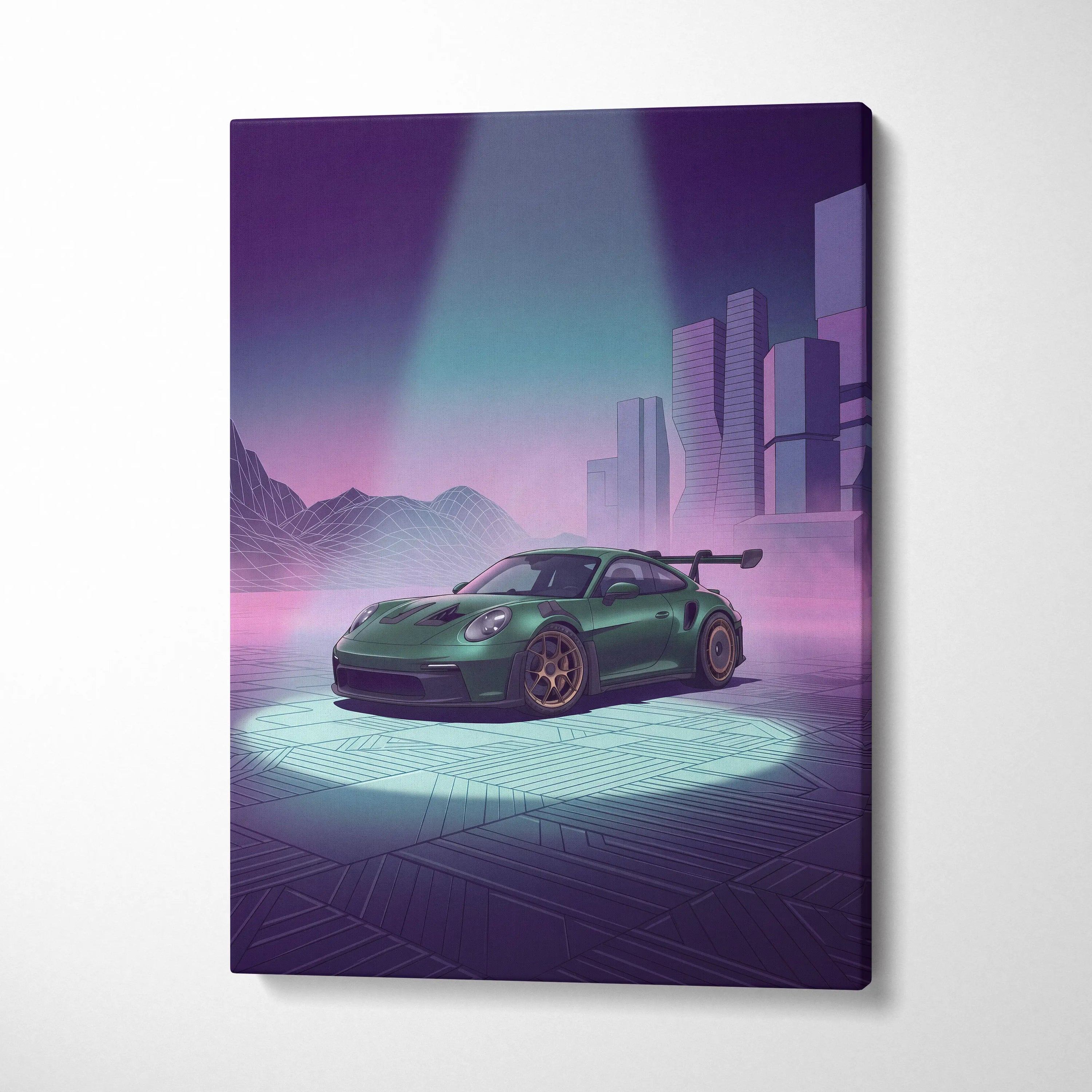 Porsche 911 GT3 RS Inspired Green Purple Canvas Wall Art Vaporwave City Car Artwork, Neon Cyberpunk Mood Garage Decor