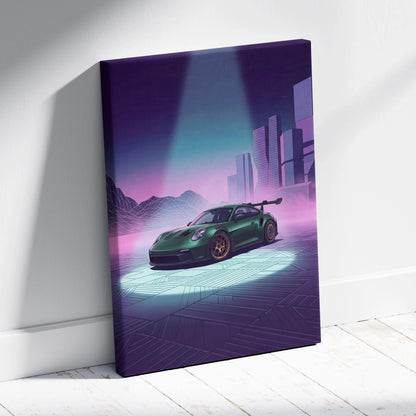Porsche 911 GT3 RS Inspired Green Purple Canvas Wall Art Vaporwave City Car Artwork, Neon Cyberpunk Mood Garage Decor