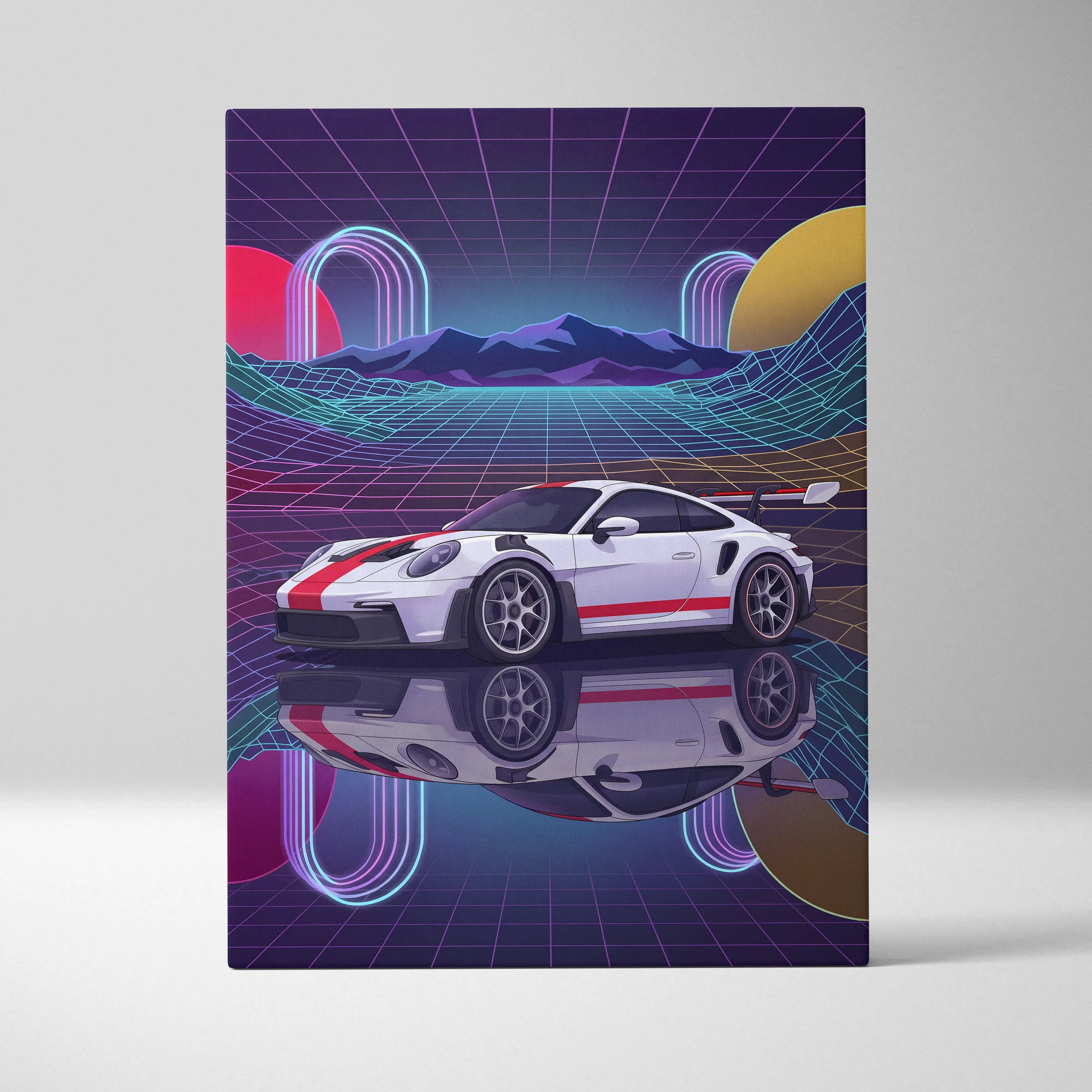 Porsche 911 GT3 RS Inspired White Red Canvas Wall Art Vaporwave Neon Grid Sports Car Artwork, Retro Sunset Garage Decor