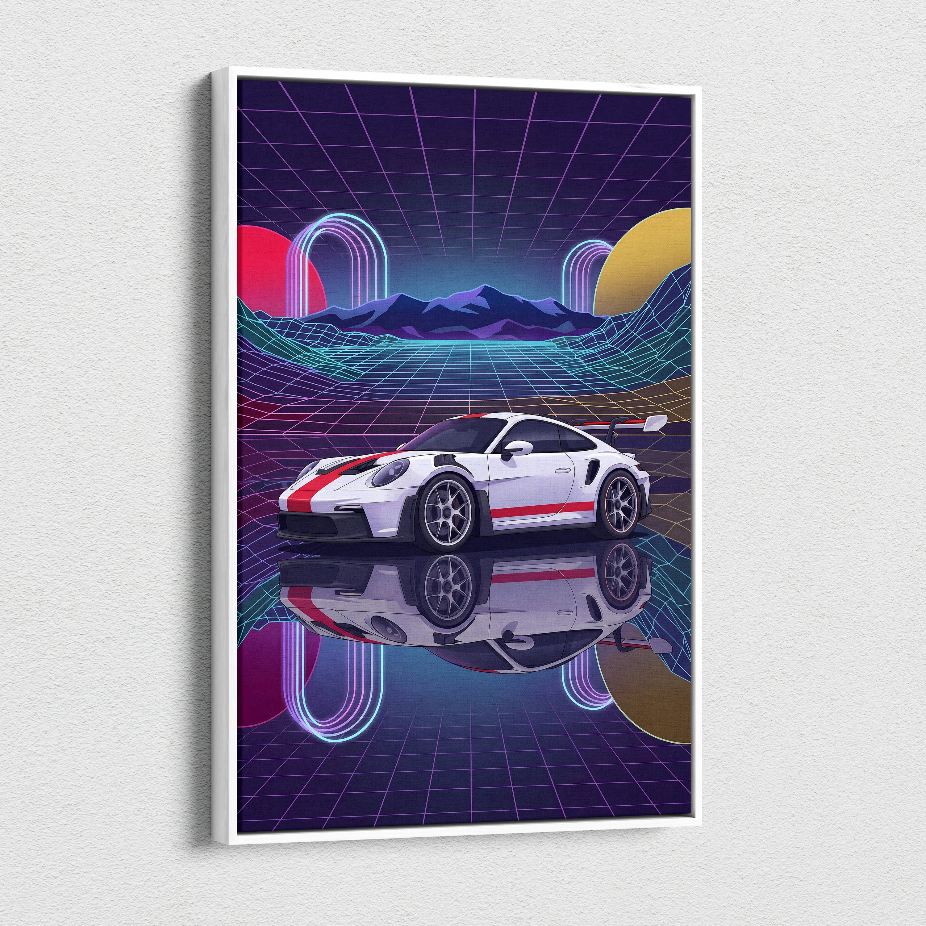 Porsche 911 GT3 RS Inspired White Red Canvas Wall Art Vaporwave Neon Grid Sports Car Artwork, Retro Sunset Garage Decor