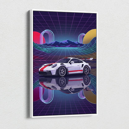 Porsche 911 GT3 RS Inspired White Red Canvas Wall Art Vaporwave Neon Grid Sports Car Artwork, Retro Sunset Garage Decor