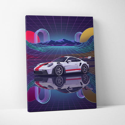 Porsche 911 GT3 RS Inspired White Red Canvas Wall Art Vaporwave Neon Grid Sports Car Artwork, Retro Sunset Garage Decor