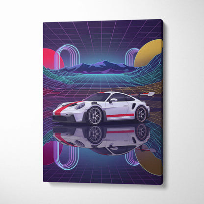 Porsche 911 GT3 RS Inspired White Red Canvas Wall Art Vaporwave Neon Grid Sports Car Artwork, Retro Sunset Garage Decor