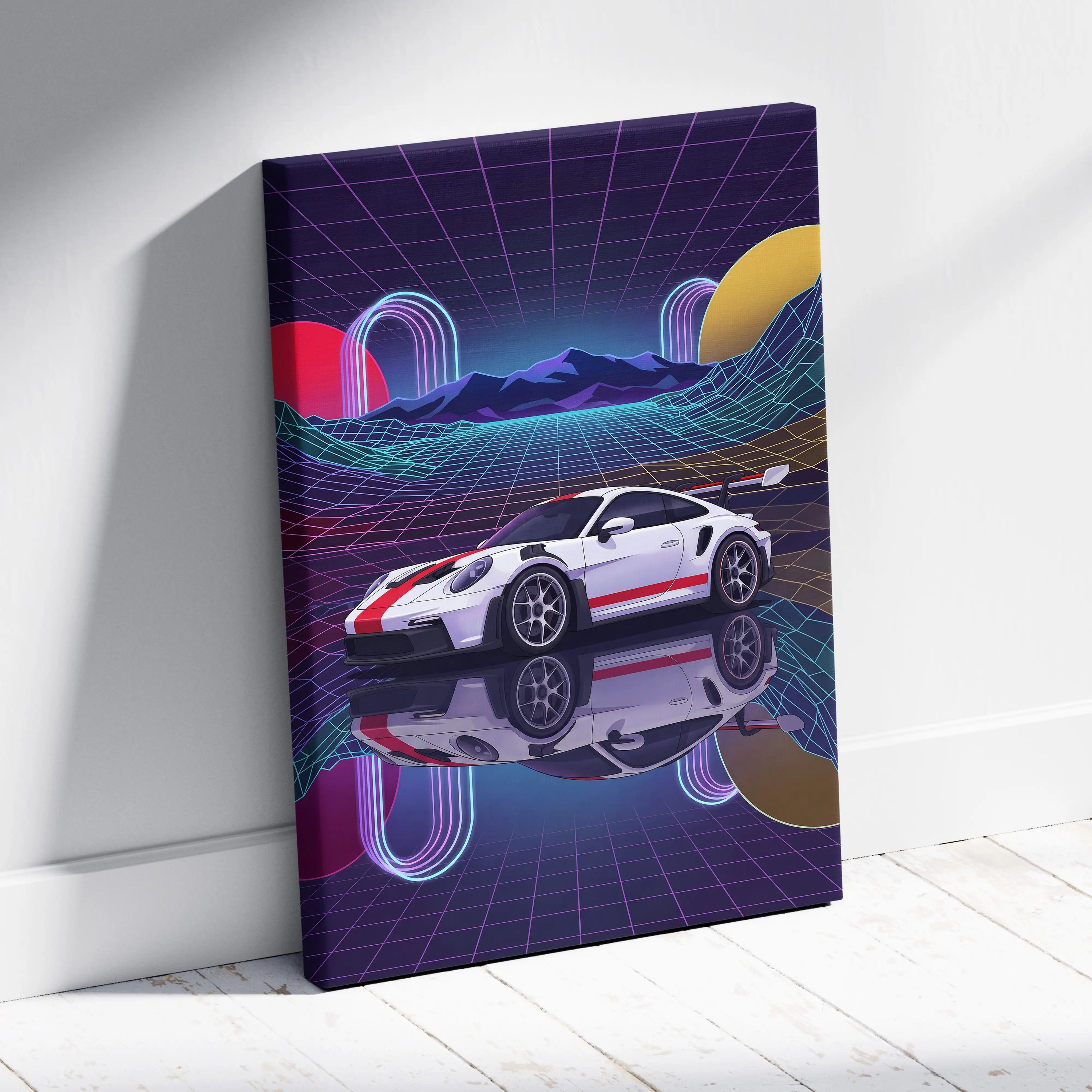 Porsche 911 GT3 RS Inspired White Red Canvas Wall Art Vaporwave Neon Grid Sports Car Artwork, Retro Sunset Garage Decor