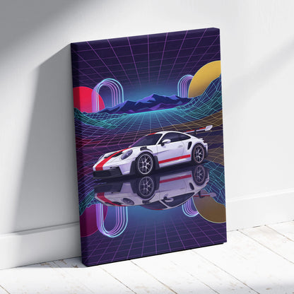 Porsche 911 GT3 RS Inspired White Red Canvas Wall Art Vaporwave Neon Grid Sports Car Artwork, Retro Sunset Garage Decor