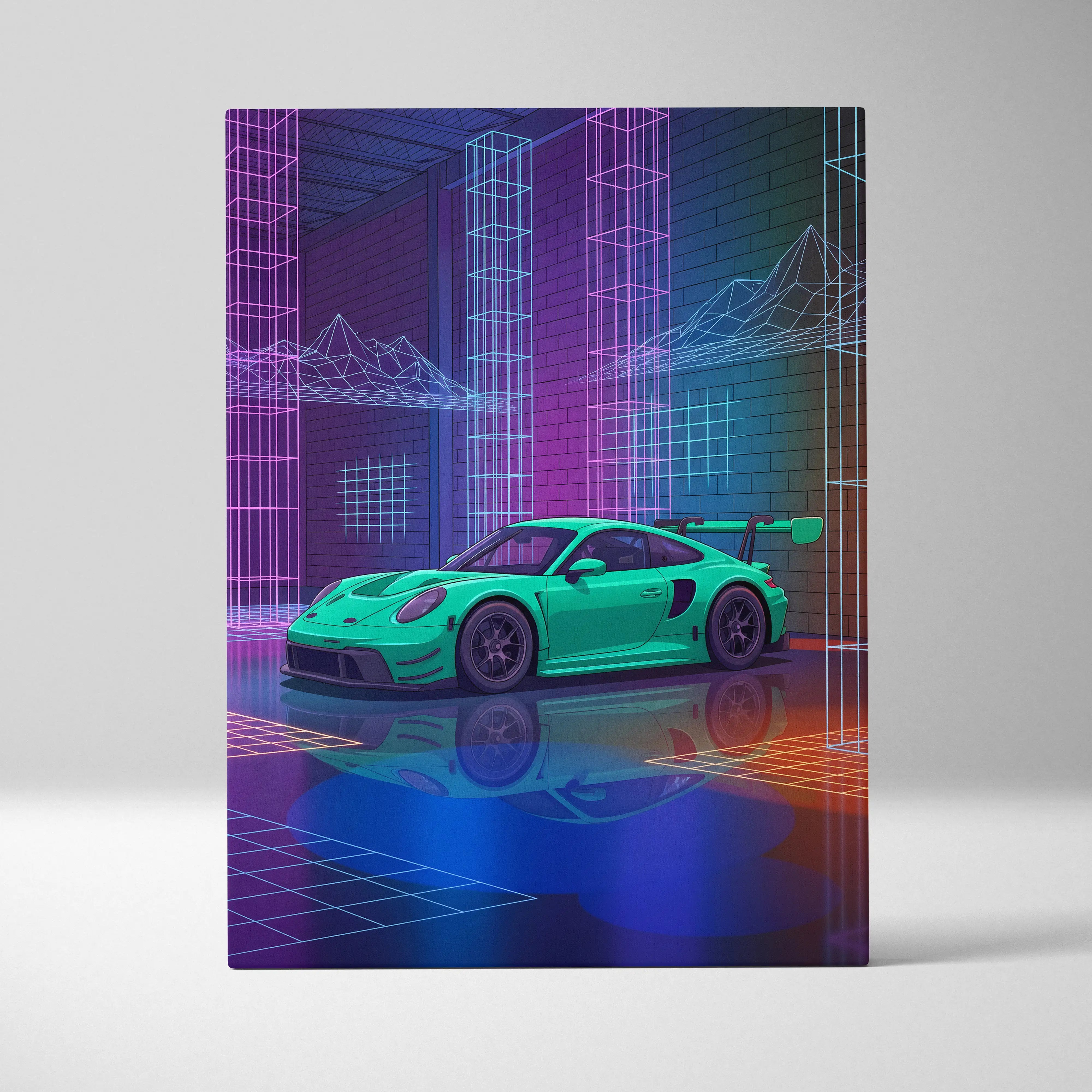Porsche 911 GT3 RS Inspired Green Purple Canvas Wall Art Vaporwave Neon City Car Artwork, Cyberpunk Garage Decor