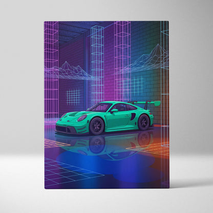 Porsche 911 GT3 RS Inspired Green Purple Canvas Wall Art Vaporwave Neon City Car Artwork, Cyberpunk Garage Decor