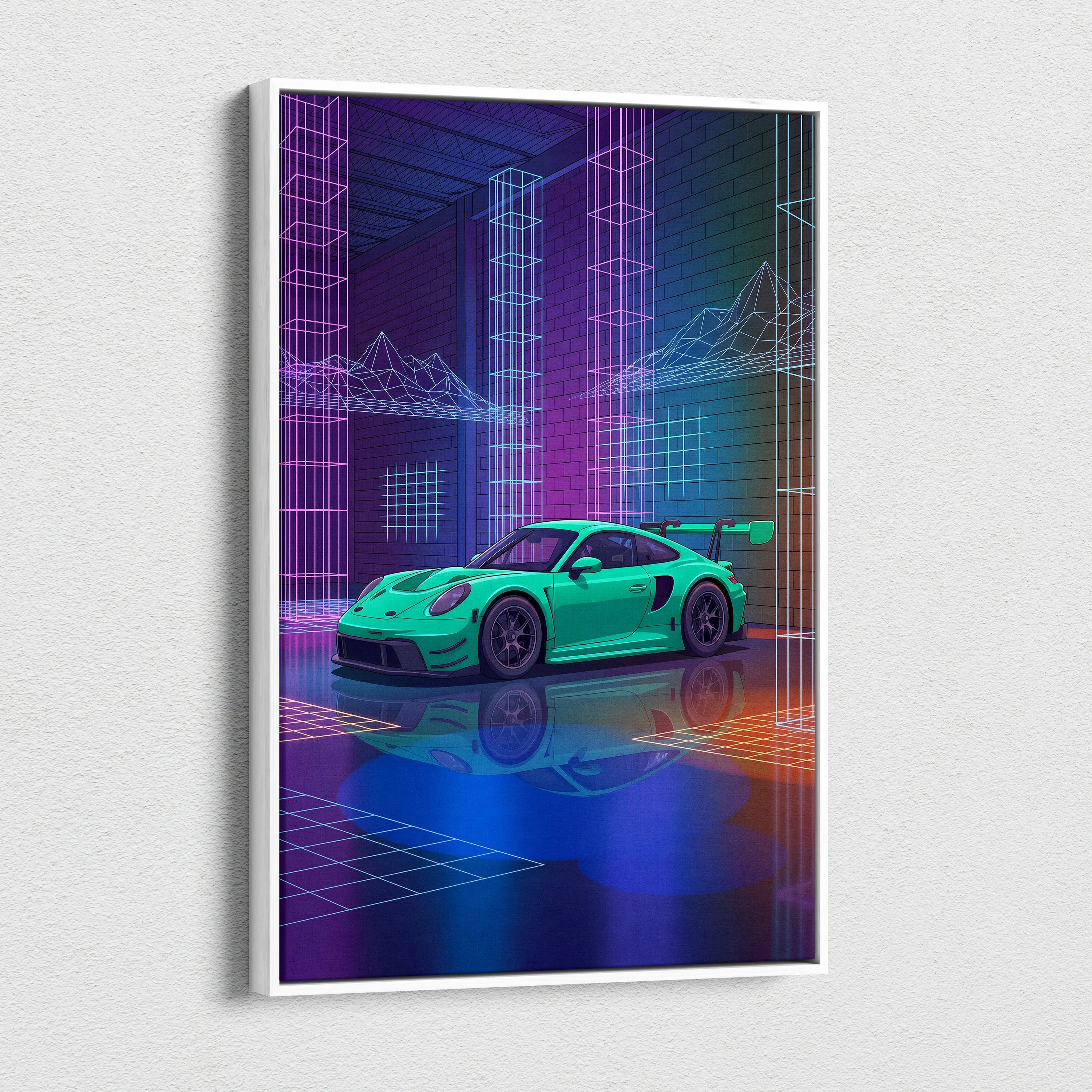 Porsche 911 GT3 RS Inspired Green Purple Canvas Wall Art Vaporwave Neon City Car Artwork, Cyberpunk Garage Decor