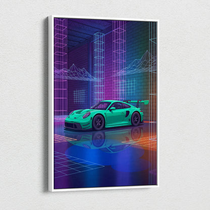 Porsche 911 GT3 RS Inspired Green Purple Canvas Wall Art Vaporwave Neon City Car Artwork, Cyberpunk Garage Decor