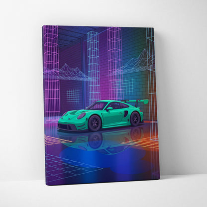 Porsche 911 GT3 RS Inspired Green Purple Canvas Wall Art Vaporwave Neon City Car Artwork, Cyberpunk Garage Decor