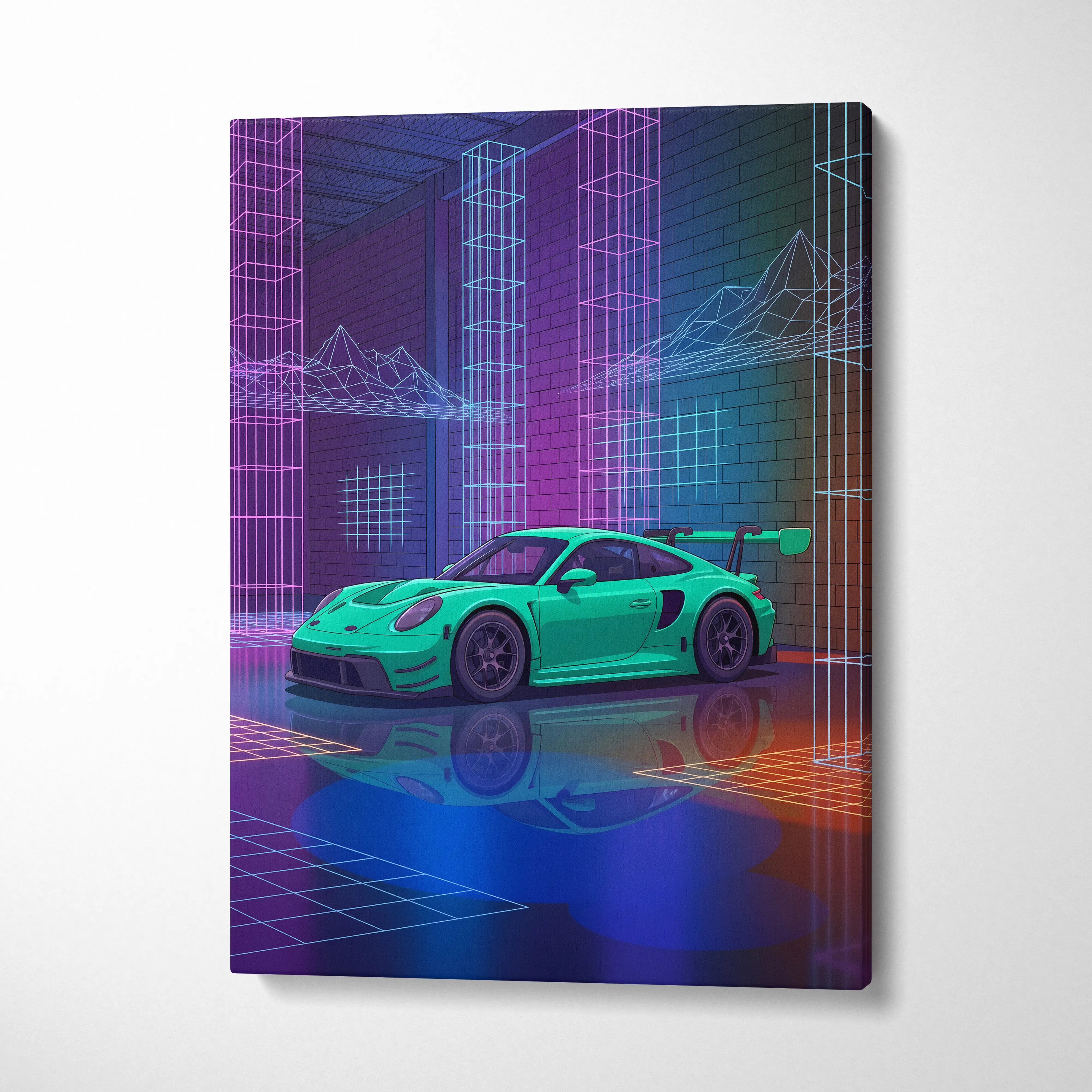 Porsche 911 GT3 RS Inspired Green Purple Canvas Wall Art Vaporwave Neon City Car Artwork, Cyberpunk Garage Decor