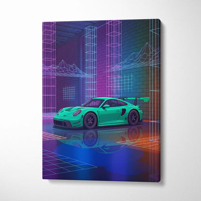 Porsche 911 GT3 RS Inspired Green Purple Canvas Wall Art Vaporwave Neon City Car Artwork, Cyberpunk Garage Decor