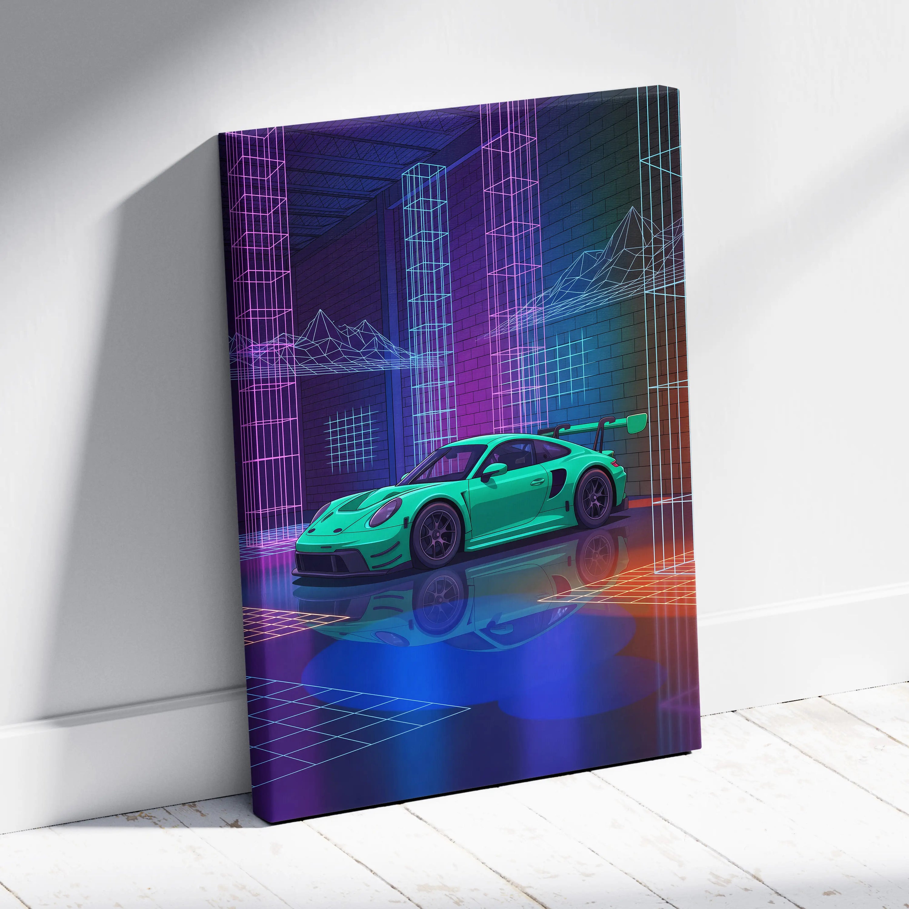 Porsche 911 GT3 RS Inspired Green Purple Canvas Wall Art Vaporwave Neon City Car Artwork, Cyberpunk Garage Decor