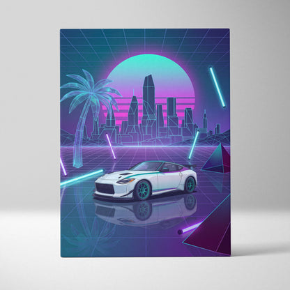 Nissan Z Inspired White Purple Canvas Wall Art Vaporwave Neon City Car Artwork, Cyberpunk Sports Car Garage Decor
