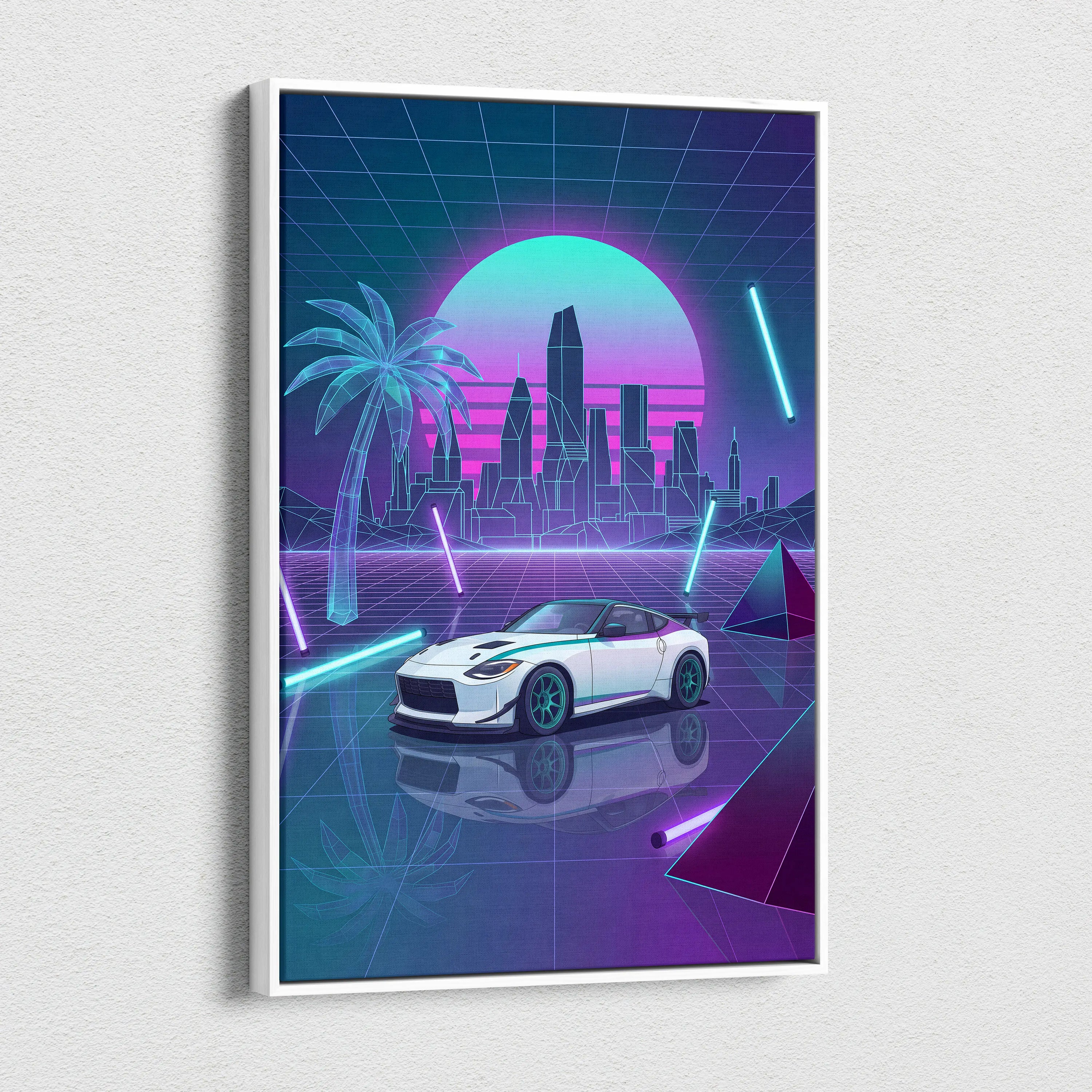 Nissan Z Inspired White Purple Canvas Wall Art Vaporwave Neon City Car Artwork, Cyberpunk Sports Car Garage Decor