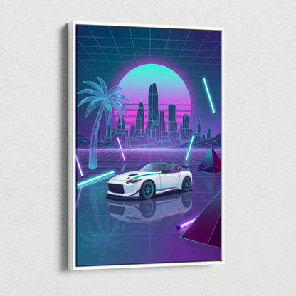 Nissan Z Inspired White Purple Canvas Wall Art Vaporwave Neon City Car Artwork, Cyberpunk Sports Car Garage Decor