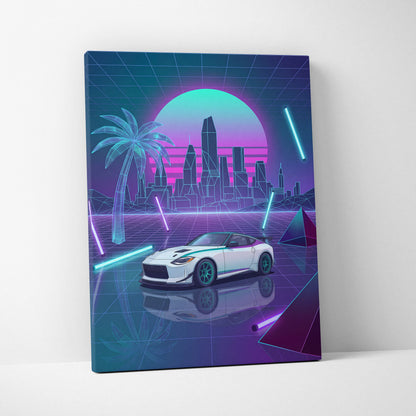 Nissan Z Inspired White Purple Canvas Wall Art Vaporwave Neon City Car Artwork, Cyberpunk Sports Car Garage Decor