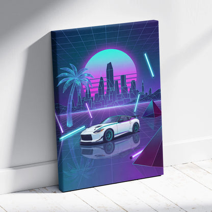 Nissan Z Inspired White Purple Canvas Wall Art Vaporwave Neon City Car Artwork, Cyberpunk Sports Car Garage Decor