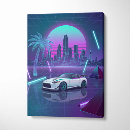 Nissan Z Inspired White Purple Canvas Wall Art Vaporwave Neon City Car Artwork, Cyberpunk Sports Car Garage Decor