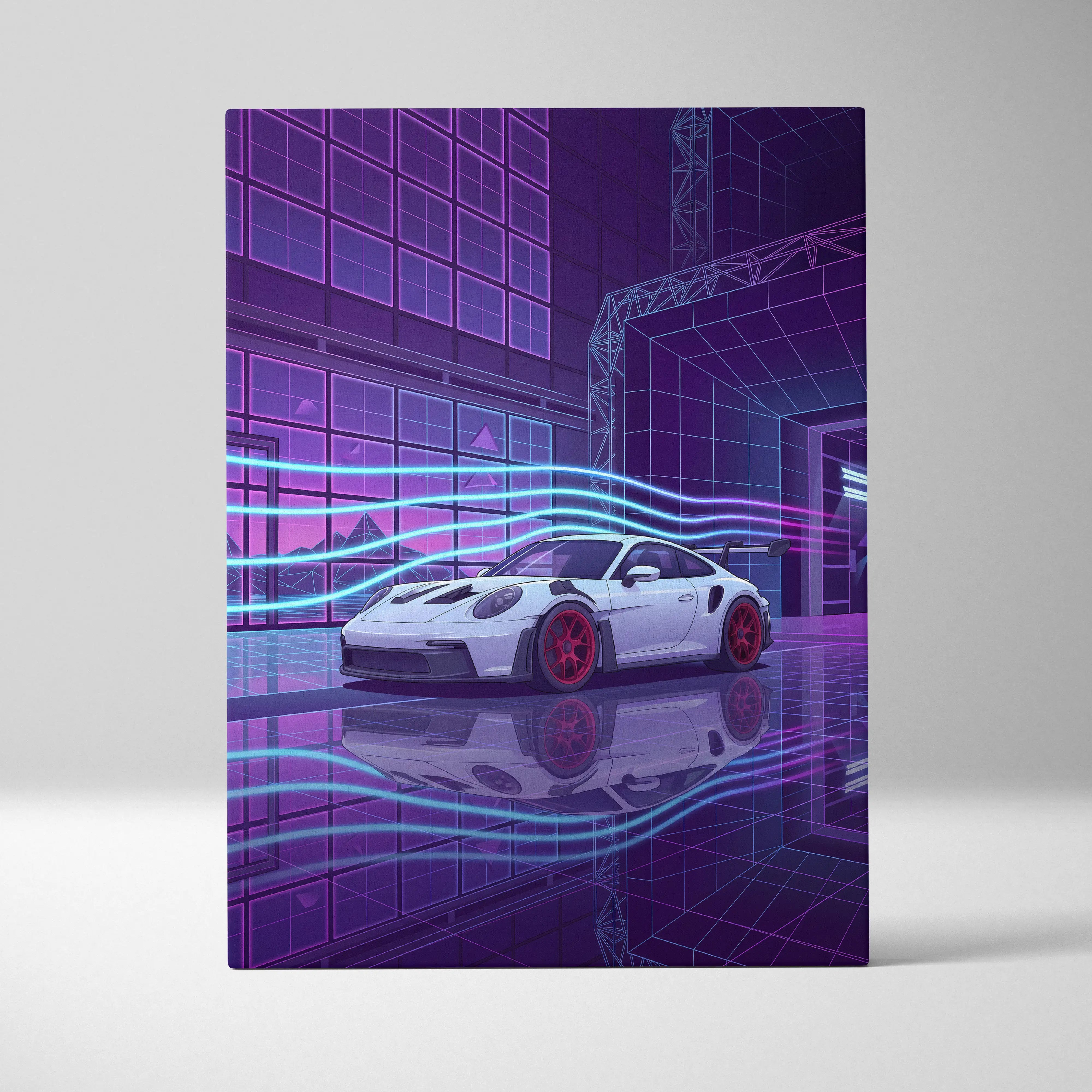 Porsche 911 GT3 RS Inspired White Purple Canvas Wall Art Vaporwave Neon City Sports Car Artwork, Cyberpunk Garage Decor
