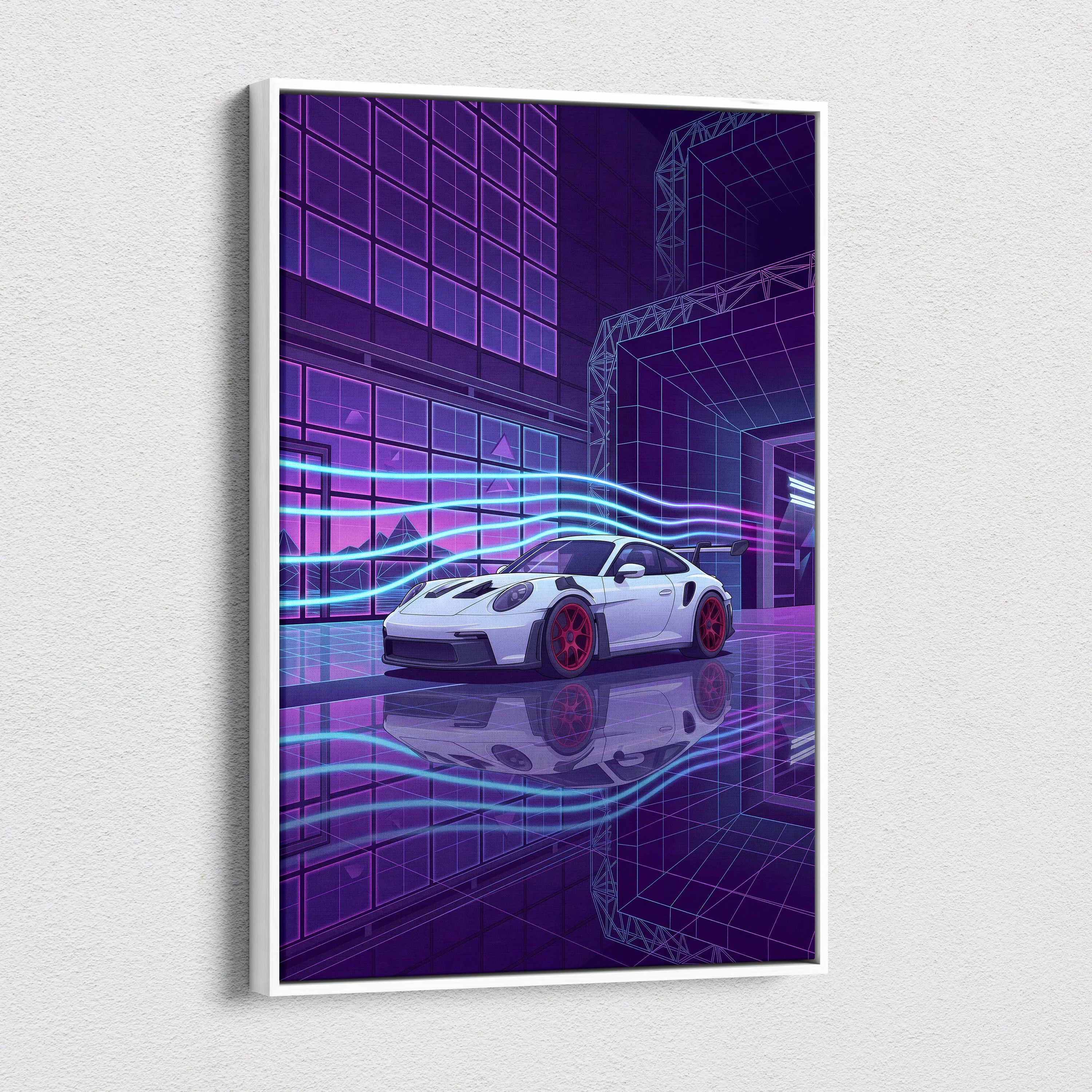 Porsche 911 GT3 RS Inspired White Purple Canvas Wall Art Vaporwave Neon City Sports Car Artwork, Cyberpunk Garage Decor