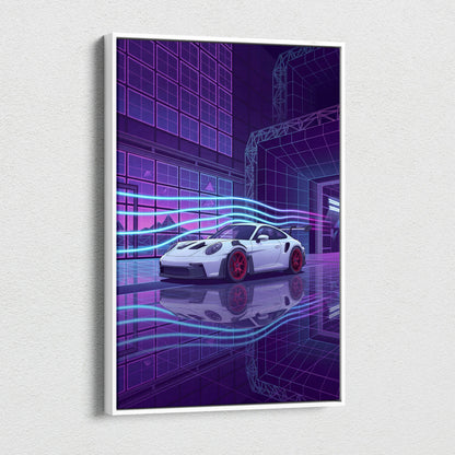 Porsche 911 GT3 RS Inspired White Purple Canvas Wall Art Vaporwave Neon City Sports Car Artwork, Cyberpunk Garage Decor
