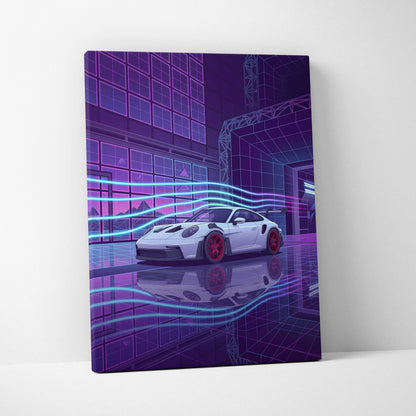 Porsche 911 GT3 RS Inspired White Purple Canvas Wall Art Vaporwave Neon City Sports Car Artwork, Cyberpunk Garage Decor